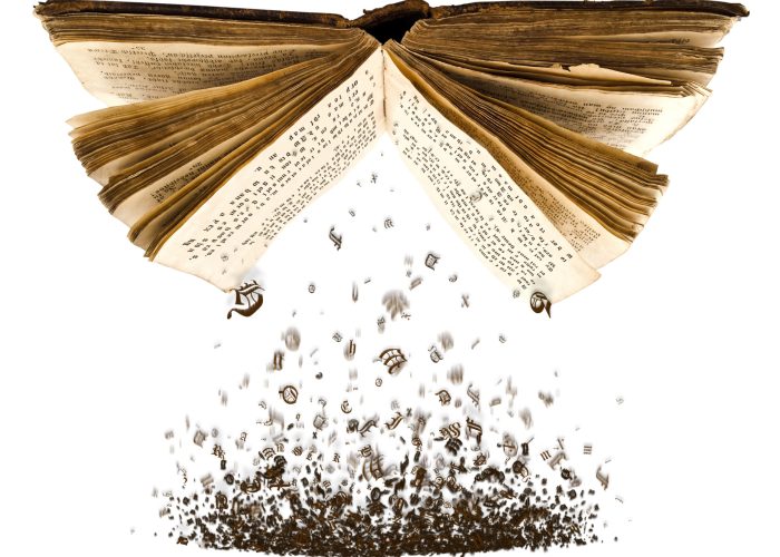 Open book with spill out characters from it against the white background